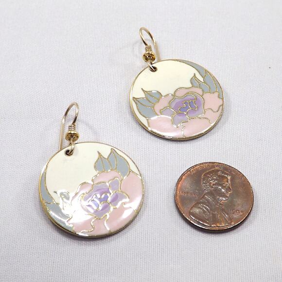 Laurel Burch "Garden Rose" Earrings, Cloisonné Gold Plated, 1980s - Picture 7 of 10